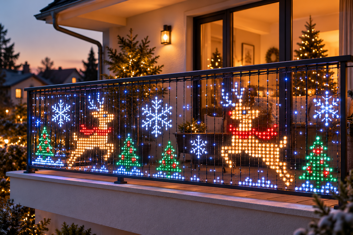 Rideau LED Festyra animé sur un balcon