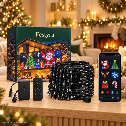 Illustration du kit Festyra avec téléphone de démonstration dans un décor de Noël